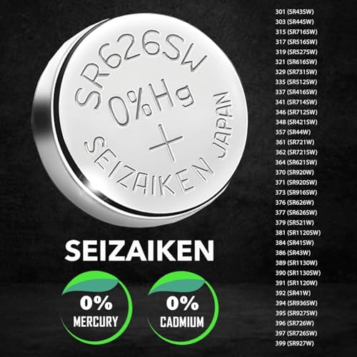 Image of SEIZAIKEN SR626SW Silver Oxide Watch Battery, 1.55V, 30mAh, Mercury-Free, Made in Japan, 377 Model, High Energy Density, Clean Room Manufactured (Pack of 5)