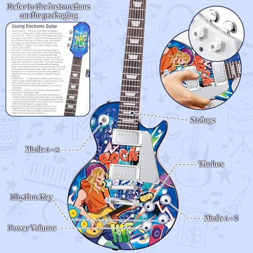deAO Kids Electric Musical Guitar Play Set,Adjustable Height Microphone,Amplifier Set with Stand, Musical Guitar Play Set,Microphone, Amp, AUX, Birthday for Kids Boys Girls (Blue)