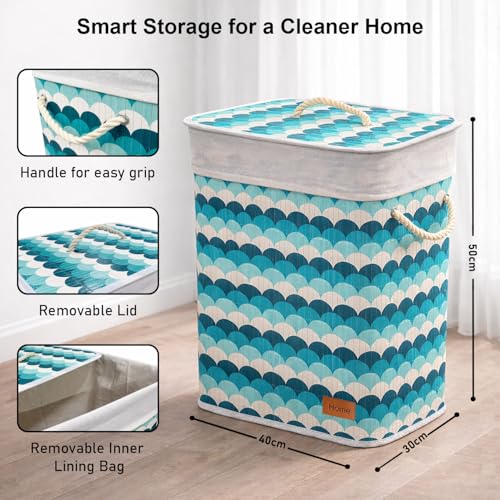 Image of Amazon Brand - Umi Rectangle Bamboo Laundry Basket for Clothes with Lid Wave Printed Hamper | Eco-Friendly, Foldable & Lightweight Organizer (Blue, 40x30x50 cm, Pack of 1)