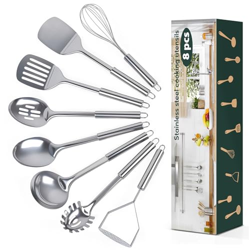 8 Pcs Cooking Utensils Set, Stainless Steel Kitchen Utensils, Heat Resistant Metal Kitchen Tools Include Solid & Slotted Spatula, Serving Spoon, Ladle, Pasta Server,Potato Maseher, Egg Whisk, Silver