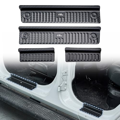 JOYTUTUS Metal Door Sill Guards for Gladiator JT Wrangler JL 4 Doors Carbon Fiber Pattern Stainless Steel Door Sill Protectors Entry Guards Gladiator Accessories Entry Scuff Plate Cover (4Pcs Set)