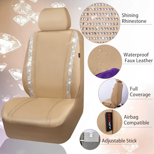 Image of CAR PASS Bling Diamond Car Seat Covers Full Set, Shining Glitter Rhinestone Waterproof Faux Leather Interior Sets Universal Fit Automotive Glitter Crystal Sparkle Strips for Cute Women Girl, Beige