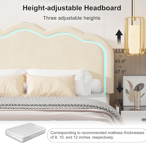 VECELO Upholstered Queen Size Bed Frame with Headboard Adjustable, LED Lights, USB-A & Type-C, Velvet Platform Bed Noise Free, Mattress Foundation with Wooden Slats, No Box Spring Needed, Beige
