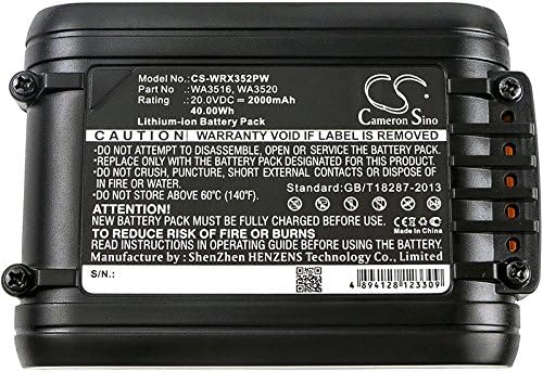 Close-up view of the battery label showing model number, voltage, capacity, and safety warnings