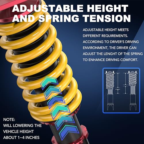KUIPERAUTO Lowering Coilovers Struts Compatible for 2000-2005 Dodge Neon Compatible for 2000-2002 Chrysler Neon Front & Rear Shocks Adjustable Height Suspension Coil Spring Strut (Set of 4)(Yellow) by KUIPERAUTO - Image 6