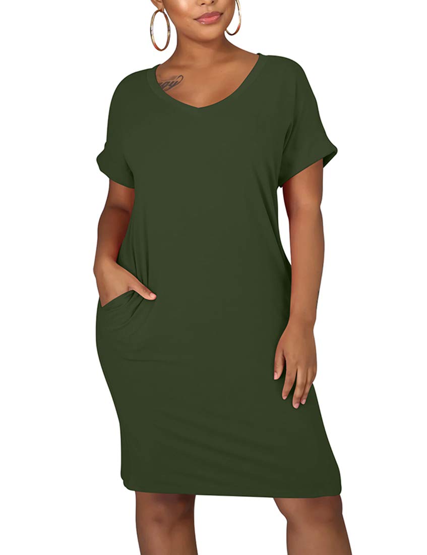 cailami Women's Summer V Neck Short Sleeve Midi Tshirt Dresses Casual Tunic Dress with Pockets
