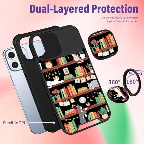 Image of Funermei for iPhone 14 Pro Case - Women Girls Cute Phone Cover Girly Pretty Aesthetic Cat and Books Unique Design with Camera Cover Funda for Apple for iPhone 14 Pro