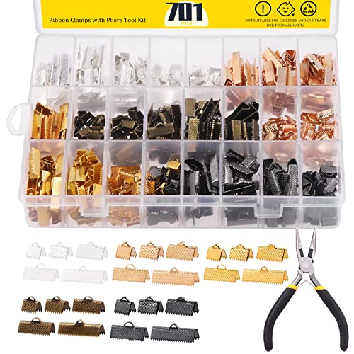 Mardatt 701 Pcs Ribbon Bracelet with Pliers Kit 24 Type Iron Fold Over Bookmark Pinch Crimp Ends Leather Clamps Jewelry Making Findings for Bookmark Pinch Bracelet Choker Necklace