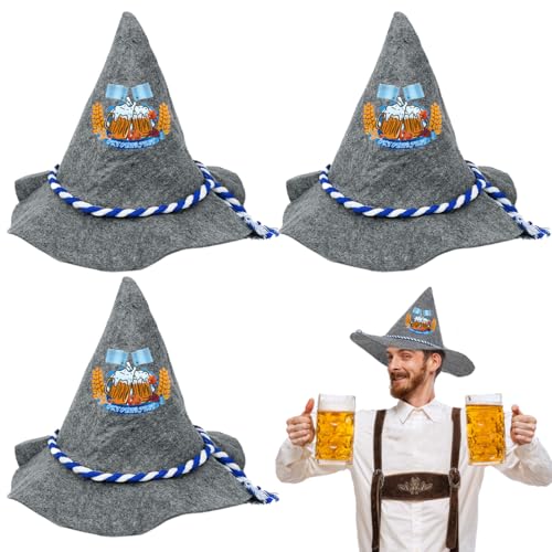 LGZIN 3 Stück Bayern Seppelhut, Oktoberfest Filzhut, Trachtenhut für Oktoberfest, Oktoberfest Hut, Bayern Filzhut für Herren Damen, Blau-Weiße Kordel Filzhut, Trachtenhut für Bayrische Volksfeste