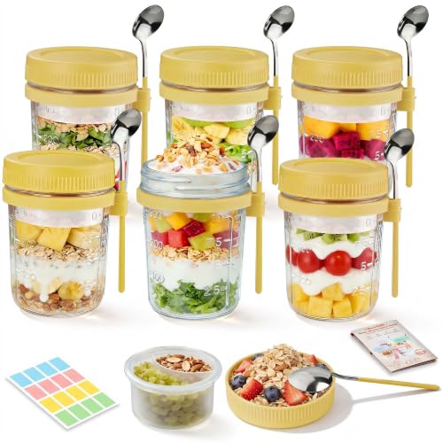 Image of 6 Pack Yellow Overnight Oats Containers with Lids and Spoon - 16 oz Glass Mason Jars with Separate Compartments Leakproof Sugar Packet Holders Chia Yogurt Parfait Cups for Oatmeal Cereal Meal Prep