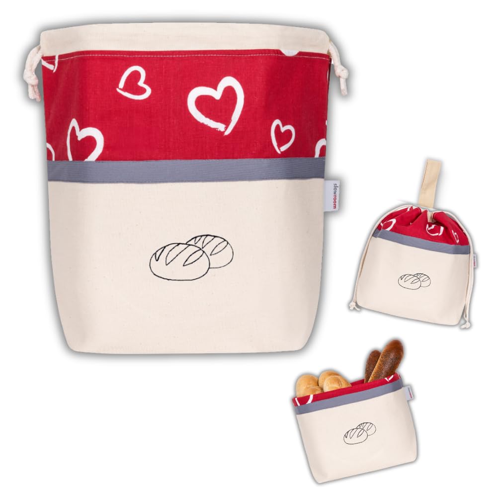 slowroom Broodzak voor het bewaren en vers houden van brood 3-in-1 – Stoffen broodmand – Broodtas van katoen – Broodtrommel 32 x 35 cm, Harten