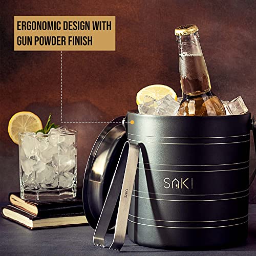 Image of SAKI Stainless Steel Ice Bucket with Tong - 1500 ml | Double Wall Insulation | Premium Ice Bucket for Bar & Home | Gray Color | Ring Design, Medium, 1.5L