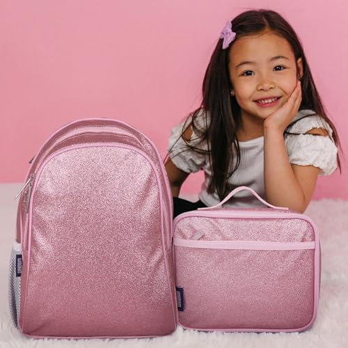 Image of Wildkin 15 Inch Backpack for Kids, Pink Glitter | Ages 5-10, padded straps, side water bottle pocket - coordinates with matching Wildkin lunch boxes