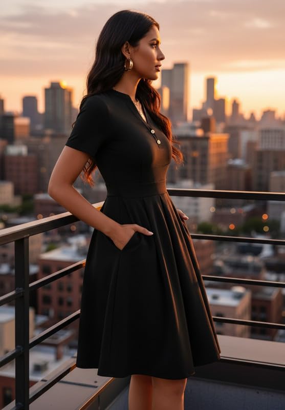 Womens Short Sleeve V Neck Casual Semi-Formal Dress Wedding Guest Cocktail Dresses with Pockets - Image 6