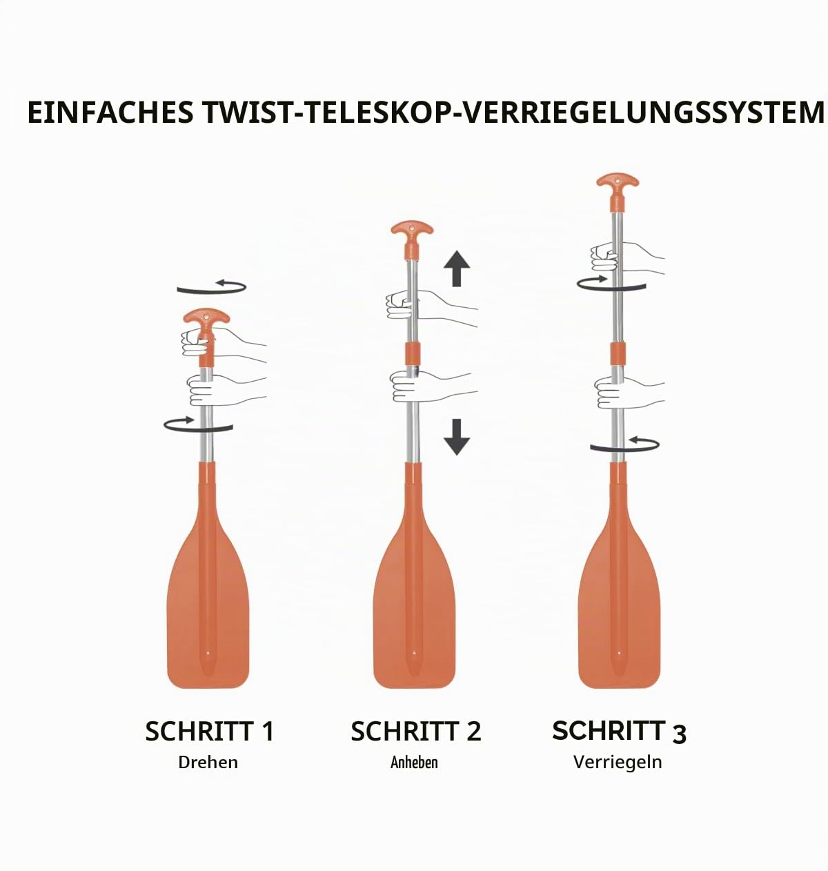 Oceansouth Verstellbares Aluminium-Teleskop-Paddel (Länge 600 mm – 1100 mm (3-teilig) – Sicherheits-Orange