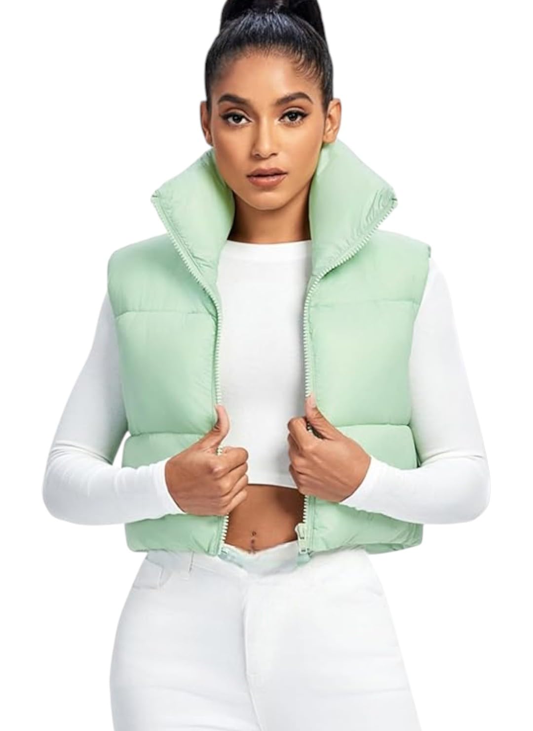 Bonkers Corner Womenâ€™s Half Sleeveless Puffer Jacket | Winter Crop Style with Zipper Closure & Polyester Padding | Fashionable Casual Outerwear in neutral