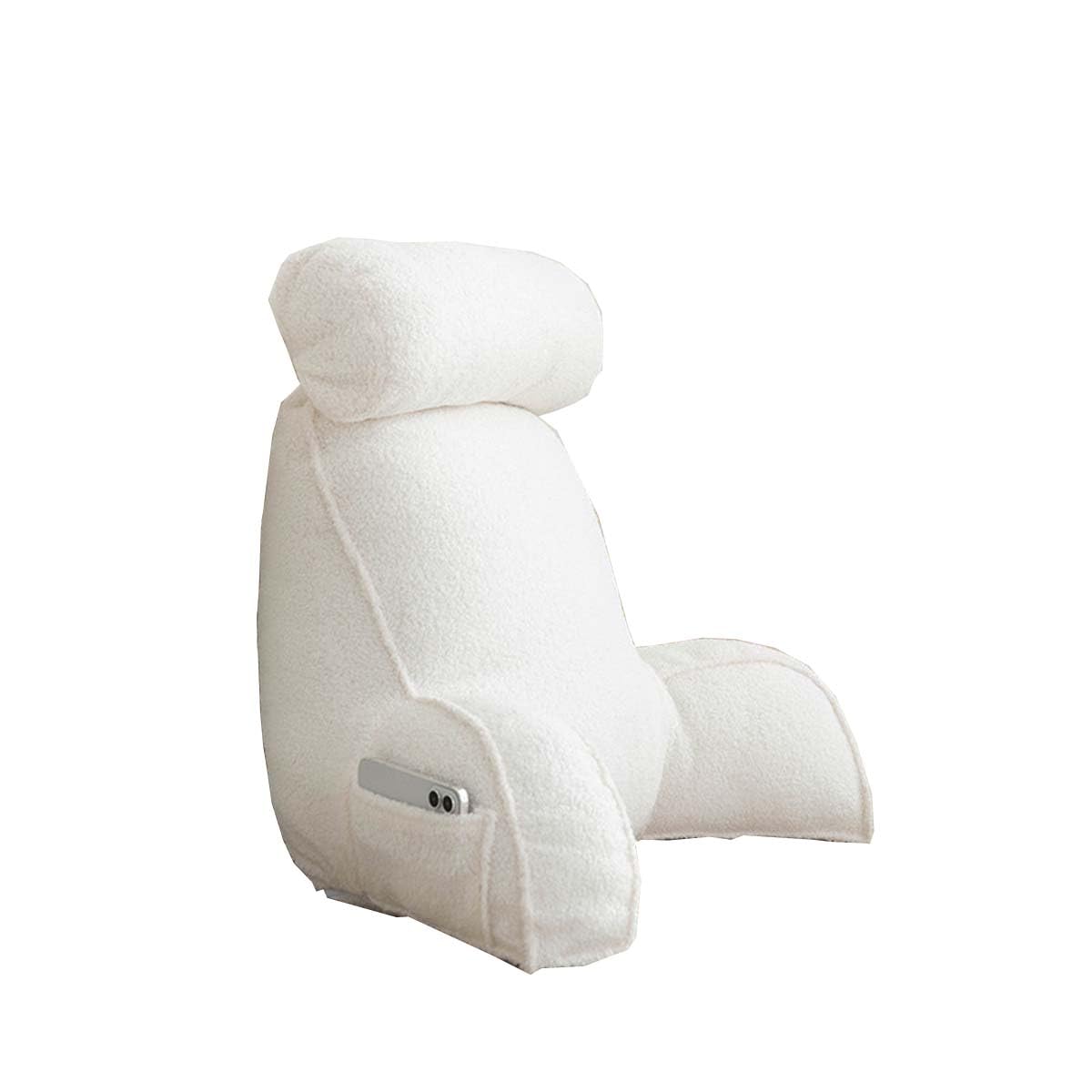 Prohel White Teddy Fluffy Warm Upgrade Reading Backrest With Neck Pillow For Reading Watching Tv, Soft Arms Lumbar Wrist Support Cushion Bed Rest Pillow, Removable Washable Cover