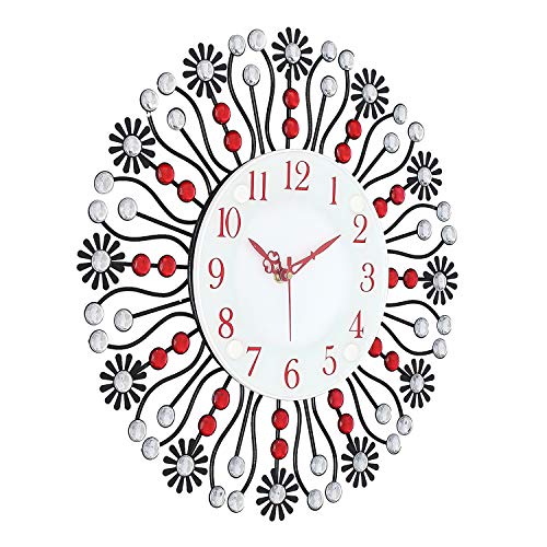 Image of CHRONIKLE Floral Design Stylish Round Diamond Studded Analog Metal Crystal Wall Clock for Living Room Home Decorations Office Gifts (Size: 37 x 5 x 37 CM | Color: Red & Black | Weight: 735 Gram)