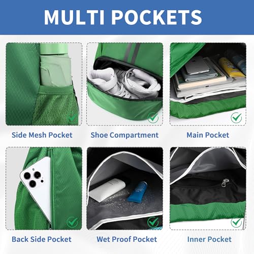 Image of JELUTAR Drawstring Backpack Gym Bag with Shoes Pocket, Dark Green | Water-Resistant String Backpack for Soccer, Basketball, Swim, Beach Cinch for Women Men, 22 L Large Capacity, Wet Pocket