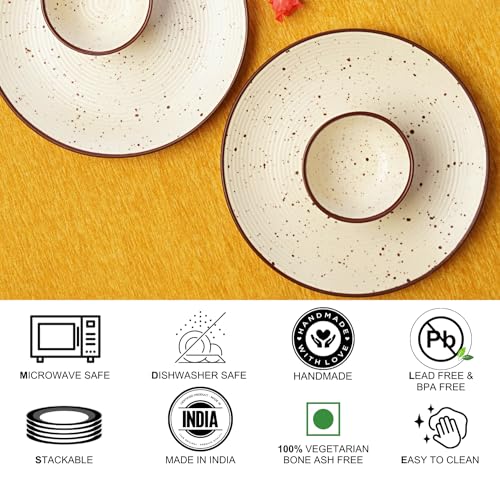 Image of Freakway Handcrafted Ceramic Stoneware Dinner Set of 12 Pieces with Serving Bowls | 6 Dinner Plates & 6 Bowl /katori | Bone Ash Free | Microwave and Dishwasher Safe - Off White