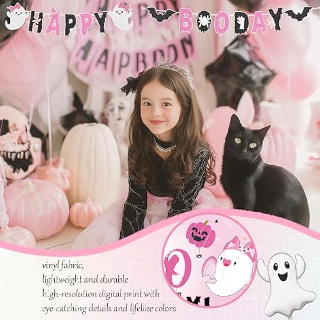 Pink Happy Boo Day Party Decorations, Halloween Birthday Party Decorations Girls, Happy Spooky Booday Balloon Garland Backdrop Ghost Spider Web Banner Topper Bat for Halloween Boo Party Supplies Girl
