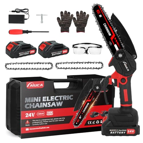 6-Inch Mini Chainsaw, Cordless Handheld Electric Chainsaw with 2x 24V 4000mAh Batteries & 2 Chains, Lightweight & Portable, for Tree Trimming, Wood Cutting, Gardening, Outdoor & Household Use (Red)