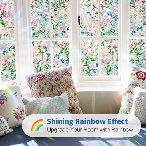 Niviy Stained Glass Window Film with Installation Tools, Heat Blocking Rainbow Window Film for Glass Doors, 3D Floral Decorative Static Cling for Home, Bathroom, Glass Door 17.5 x 118 inch
