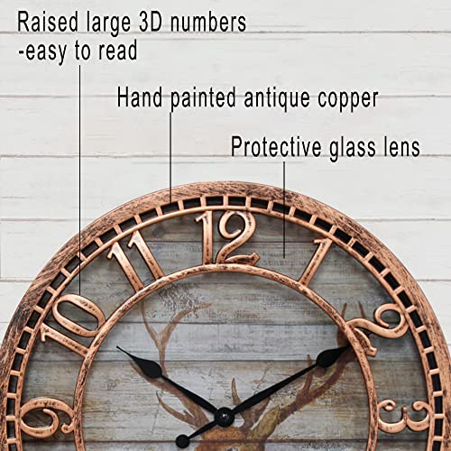 Keygift 12 Inch Wall Clock Silent Non Ticking Battery Operated Quality Quartz Rustic Deer Decor Theme Antique Copper Round Frame Clock For Home Office #TOP1