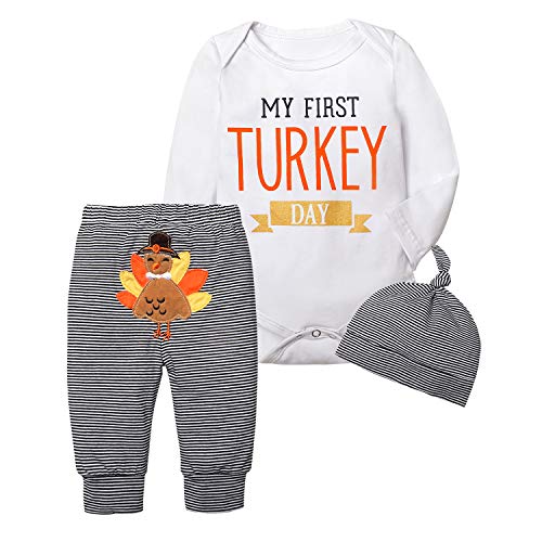 Image of My First Thanksgiving Baby Boy Outfit, Long Sleeve Romper + Cute Striped Turkey Pants + Striped Hat 3Pcs Outfit Set