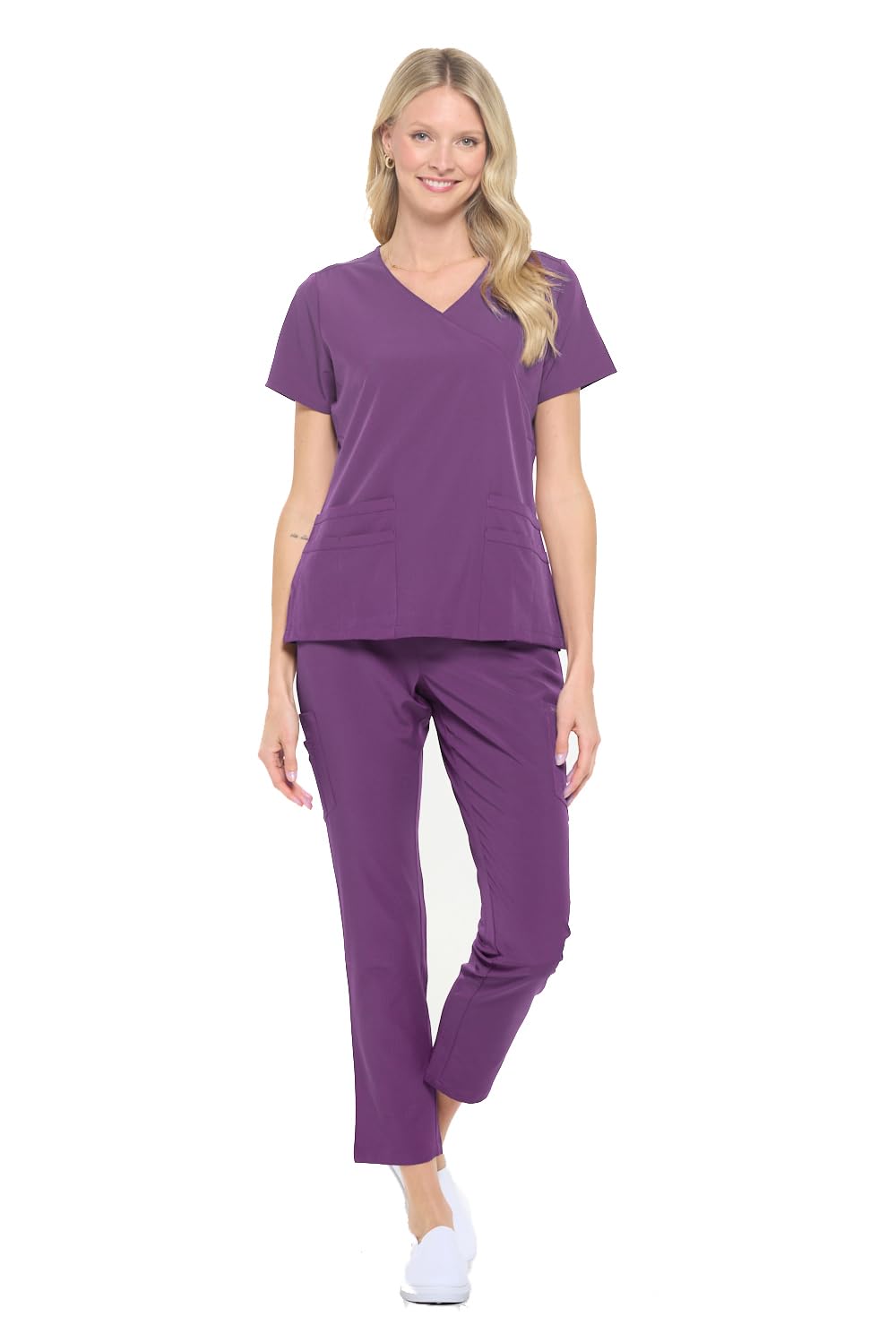 Dagacci Medical Uniform Womens 4-Way Stretch Fitted Y Neck Natural Scrub Set