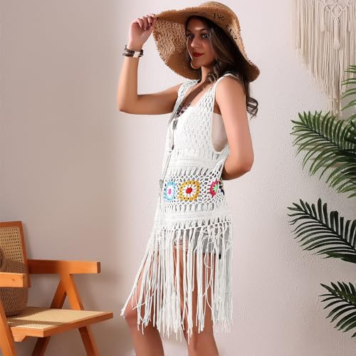 Image of Women's Floral Crochet Hollow Out Sleeveless Fringe Boho Retro-Look Handmade Cardigan Vest Tassels
