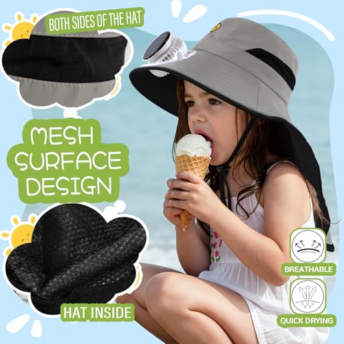 Solar Fan Hat for Kids Smile Face Bucket Hat with Neck Flap Wide Brim Sun Hat for Boys and Girls4