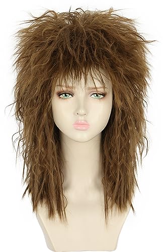 yuehong Women Long Dark Brown Wig Mullet Wig 70s 80s Rocker Disco wig Heat Resistant Synthetic Fibers Wig Fluffy Durable Soft Wig Party Costume Wig