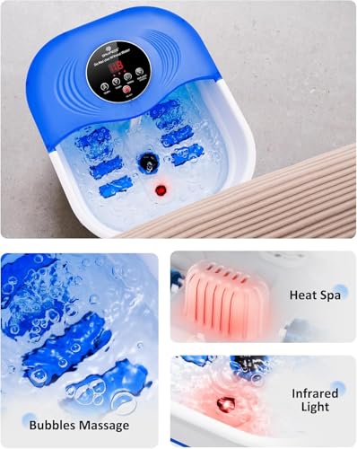 Image of SPA4PIEDS Collapsible Heated Foot Spa Bath with Bubble, Foot Soaking Tub Featuring 8 Shiatsu Rollers Pumice Stone and Built-in Timer for Foot Relaxation, Self Care Gift for Mom,Dad,Parents(Blue)