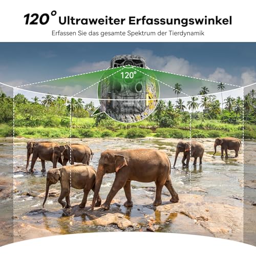 DEATTI Wildkamera mit Handyübertragung APP, 4K 48MP HD WLAN Bluetooth Wildkamera mit Bewegungsmelder Nachtsicht, 120 °Weitwinkel Wildtierkamera, IP66 Wasserdicht, 32GB SD Karte und 8*AA-Batterien