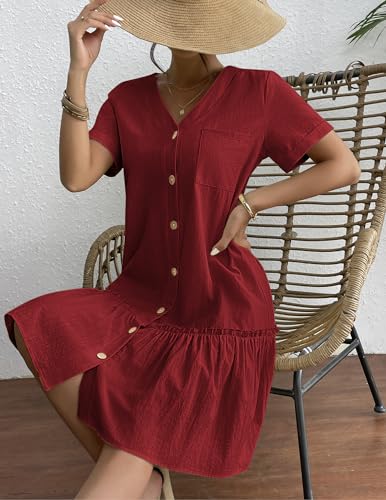 Image of HOTOUCH Women Button Down Dress Loose Summer Cotton Linen Dress Ruffle Hem Casual Dress Short Sleeve Tunic Dress