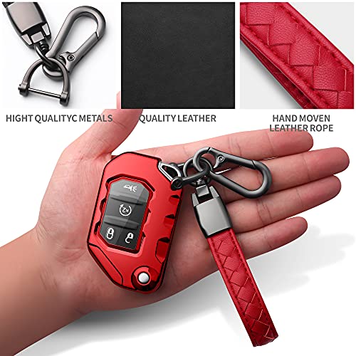 Image of Compatible with Jeep Key Fob Cover With Leather Keychain Soft TPU Protection Key Case for 2018-2026 Wrangler JL JLU Rubicon Wagoneer Gladiator JT Sahara JLU Remote Key (Red)