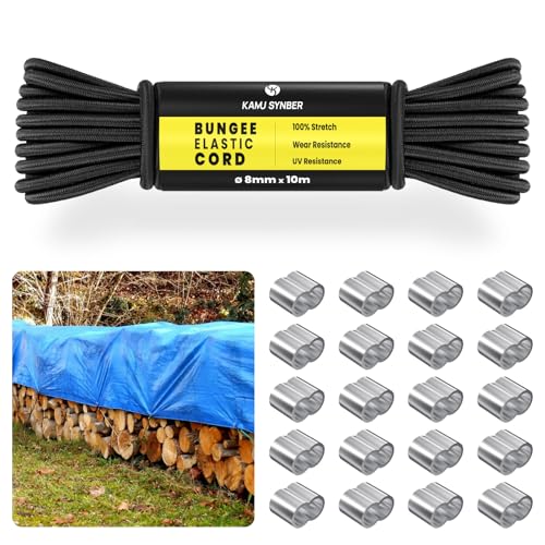 Kamu Synber Gummiseil 8mm x 10m Expanderseil Spanngummi Spannseil Gummischnur | 20 x Würgeklemmen | UV Beständig Wetterfest | Für Anhängerplane Camping Outdoor Garten Gepäck | Schwarz