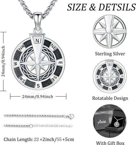 Aniu S925 Sterling Silver Compass Necklace for Men Women Go In The Direction of Your Dreams 2025 Graduation Birthday Christmas Rotatable Jewelry Gift2