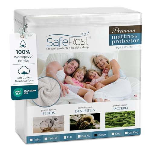 SafeRest Waterproof Queen Size Mattress Protector - Fitted with Stretchable Pockets - Machine Washable Cotton Blend Mattress Cover for Bed