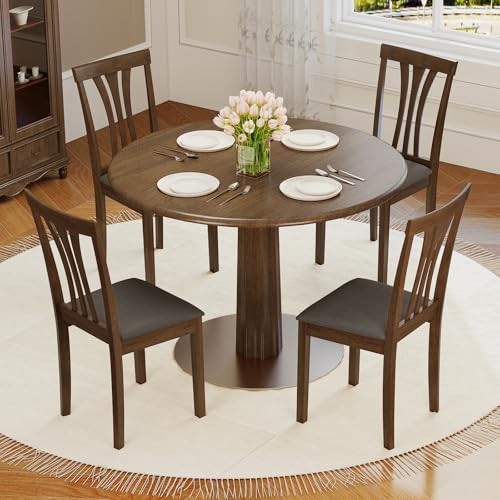 Image of GIANTEX Wooden Dining Chairs Set of 4, Linen Fabric Upholstered Kitchen Armless Chair w /Rubber Wood Frame, Padded Seat, High Curved Back, Farmhouse Accent Side Chairs for Living Room (Brown+Gray)