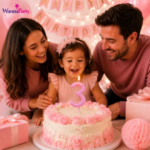 Image of Wanna Party Glitter Designer Pink Number 3 Birthday Candle, Numerical Cake Candle for 3rd Birthday, Cake Cutting, Party Decoration & Celebration Supplies - 1PC