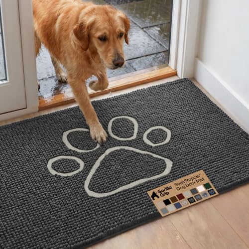 Image of GORILLA GRIP SoakSTOPPER Dog Door Mat, 48x30 Machine Washable Rug Absorbent Doormat Captures Moisture Mud Dirt, Quick Dry Soft Chenille Entryway Rugs Indoor Entrance Mats for Dog Paws, Charcoal