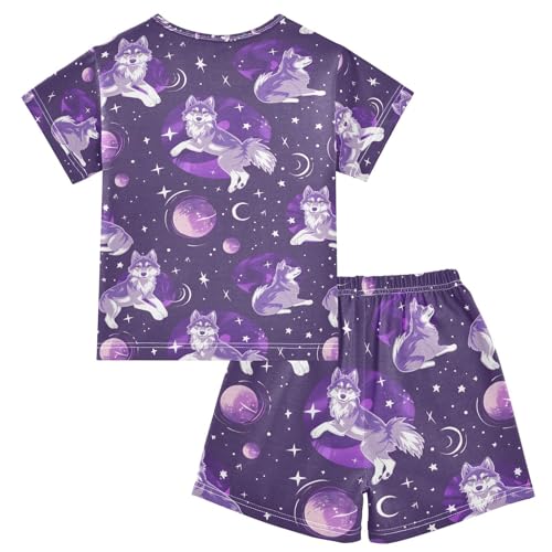 ALAZA Wolf Starry Sky Pajamas Set Short Sleeve Cotton Sleepwear Summer Pjs 2 Piece 5-14Y2