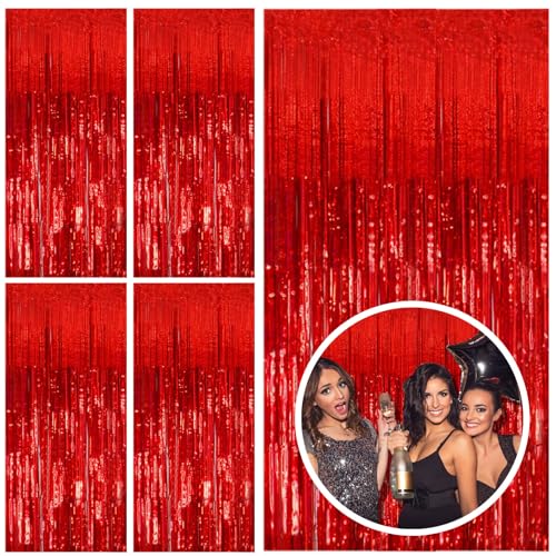 Image of 5 Pack Red Streamers Party Backdrop Christmas Decorations Foil Fringe Backdrop Curtains Carnival Casino Theme Birthday New Year Holiday Celebration Bachelorette Party Decorations Supplies
