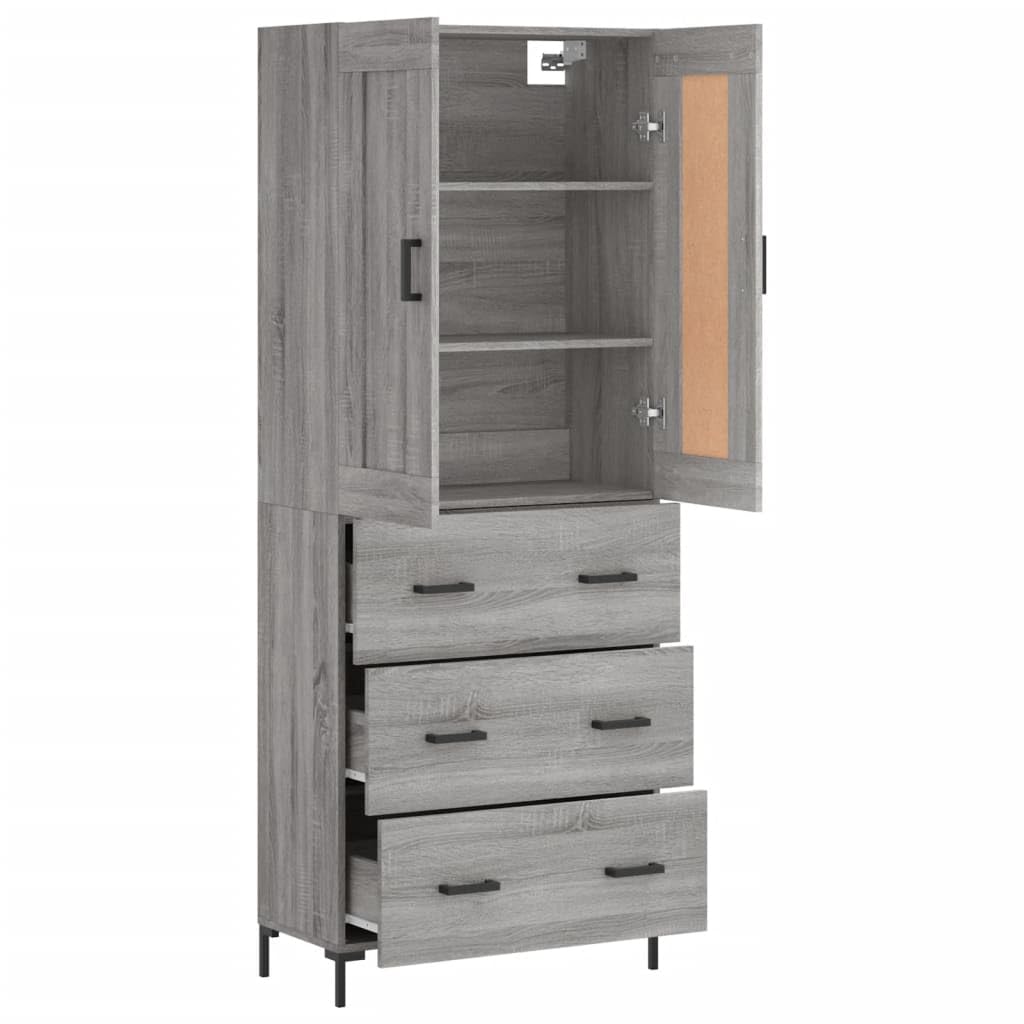 Wysoki kredens Sonoma szara sklejka wysoki kredens z żelaznymi drzwiami i nogami, eleganckie meble do przechowywania do organizacji domu 69,5 x 34 x 18