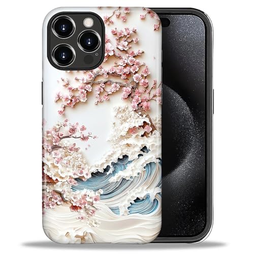 Goodsprout for iPhone 16 Pro Max Case,Hybrid 2-Layer Hard Shell + Silicone Protective Case -Resistant Shockproof- Pink and White Cherry Blossoms and Waves