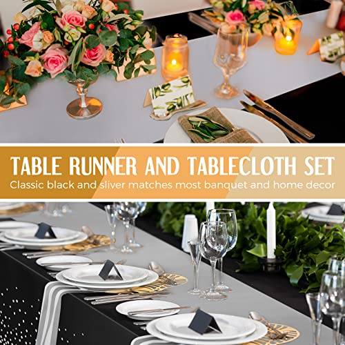 Image of Breling 24 Packs Black and Silver Disposable Plastic Tablecloths and Satin Table Runner Set, 54 x 108 Inch Tablecloth, 12 x 108 Inch Table Runners for Wedding Graduation Birthday Baby Shower