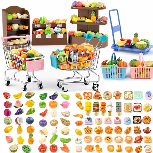 Mini Shopping Cart Basket Miniature Grocery Toys 3 Supermarket Shelves Play Store 100+ Fruit Vegetable Cake Bread Mini Food Miniature Dollhouse Accessories with Push Cart