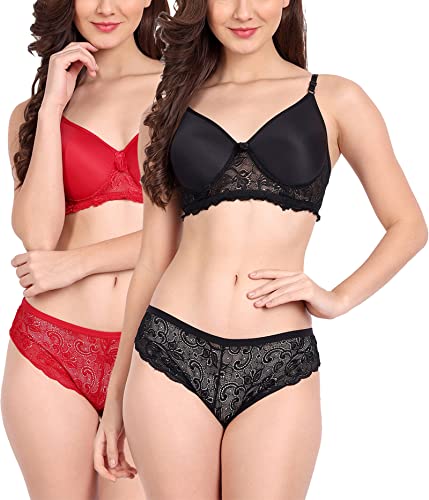 Image of FIMS - Fashion is my style Women Cotton Floral Lace Padded, Non-Wired, Full Coverage, Seamless Bra Panty Set, Multicolor, Lingerie Set